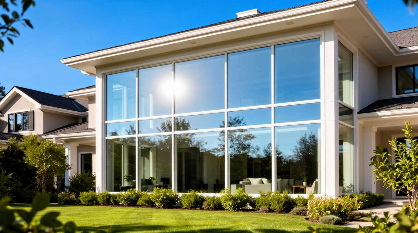 Professional window cleaner squeegeeing a sparkling clean residential window